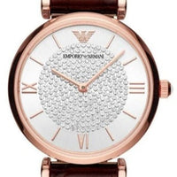Emporio Armani Gianni T-Bar Silver Dial Brown Leather Strap Watch For Women - AR11269