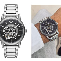 Emporio Armani Meccanico Automatic Skeleton Black Dial Silver Steel Strap Watch For Men - AR60021