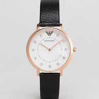 Emporio Armani Kappa Mother of Pearl Dial Black Leather Strap Watch For Women - AR80011