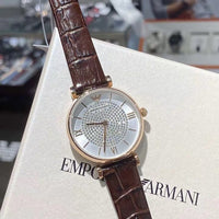 Emporio Armani Gianni T-Bar Silver Dial Brown Leather Strap Watch For Women - AR11269