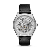 Emporio Armani Meccanico White Skeleton Dial Black Leather Strap Watch For Men - AR60003