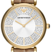 Emporio Armani Gianni T Bar Crystals Silver Dial Brown Leather Strap Watch For Women - AR11518
