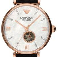Emporio Armani Gianni T Bar Mother of Pearl White Dial Black Leather Strap Watch For Women - AR60047
