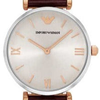 Emporio Armani Gianni T-Bar Quartz Silver Dial Brown Leather Strap Watch For Women - AR11061