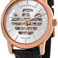 Emporio Armani Meccanico Skeleton Silver Dial Black Leather Strap Watch For Men - AR60031