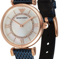 Emporio Armani Gianni T-Bar Analog Mother of Pearl Dial Blue Leather Strap Watch For Women - AR11468