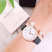 Emporio Armani Kappa Mother of Pearl Dial Black Leather Strap Watch For Women - AR80011