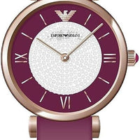 Emporio Armani Gianni T Bar Crystals Maroon Dial Maroon Leather Strap Watch for Women - AR11487