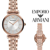 Emporio Armani Gianni T-Bar Crystals Silver Dial Rose Gold Steel Strap Watch For Women - AR11446