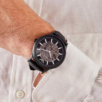 Emporio Armani Meccanico Automatic Black Dial Black Leather Strap Watch For Men - AR60042