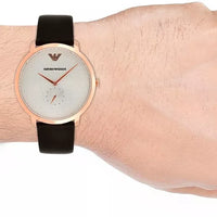 Emporio Armani Modern Slim Analog Silver Dial Brown Leather Strap Watch For Men - AR11163