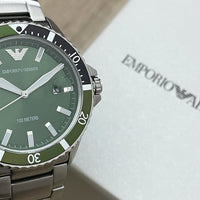 Emporio Armani Diver Chronograph Green Dial Silver Steel Strap Watch For Men - AR11500