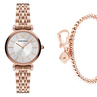 Emporio Armani Gianni T-Bar Crystals Silver Dial Rose Gold Steel Strap Watch For Women - AR11446