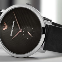 Emporio Armani Modern Slim Quartz Grey Dial Black Leather Strap Watch For Men - AR11162