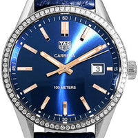 Tag Heuer Carrera Quartz Diamonds Blue Dial Blue Leather Strap Watch for Women - WAR1114.FC6391