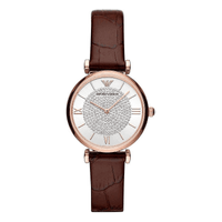 Emporio Armani Gianni T-Bar Silver Dial Brown Leather Strap Watch For Women - AR11269