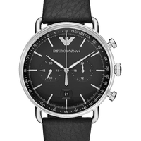 Emporio Armani Aviator Chronograph Black Dial Black Leather Strap Watch For Men - AR11143