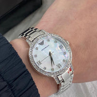 Emporio Armani Cleo Crystals Mother Of Pearl Dial Silver Steel Strap Watch For Women - AR11484