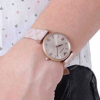Emporio Armani Gianni T Bar Analog Silver Dial Beige Leather Strap Watch For Women - AR11127
