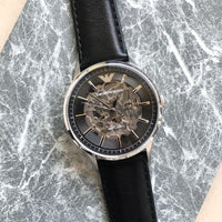 Emporio Armani Meccanico Skeleton Automatic Black Dial Black Leather Strap Watch for Men - AR60038