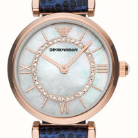 Emporio Armani Gianni T-Bar Analog Mother of Pearl Dial Blue Leather Strap Watch For Women - AR11468
