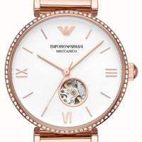 Emporio Armani Meccanico Automatic White Dial Rose Gold Mesh Strap Watch For Women - AR60063