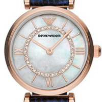 Emporio Armani Gianni T-Bar Analog Mother of Pearl Dial Blue Leather Strap Watch For Women - AR11468