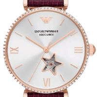 Emporio Armani Meccanico Automatic Silver Dial Burgundy Leather Strap Watch For Women - AR60044