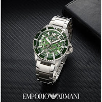 Emporio Armani Diver Automatic Green Dial Silver Steel Strap Watch For Men - AR60061