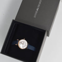 Emporio Armani Gianni T-Bar Analog Mother of Pearl Dial Blue Leather Strap Watch For Women - AR11468