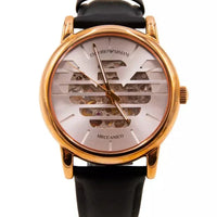 Emporio Armani Meccanico Skeleton Silver Dial Black Leather Strap Watch For Men - AR60031