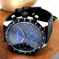 Emporio Armani Mario Chronograph Blue Dial Black Leather Strap Watch For Men - AR11522