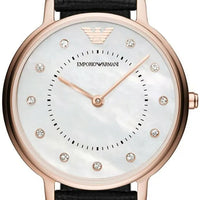 Emporio Armani Kappa Mother of Pearl Dial Black Leather Strap Watch For Women - AR80011