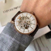 Emporio Armani Meccanico Automatic White Dial Brown Leather Strap Watch For Men - AR60027