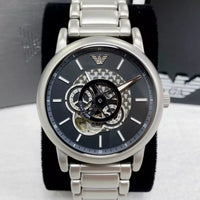 Emporio Armani Meccanico Automatic Skeleton Black Dial Silver Steel Strap Watch For Men - AR60021