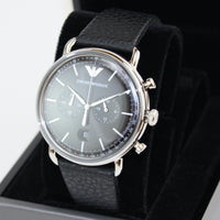 Emporio Armani Aviator Chronograph Black Dial Black Leather Strap Watch For Men - AR11143