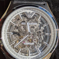 Emporio Armani Meccanico White Skeleton Dial Black Leather Strap Watch For Men - AR60003