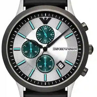 Emporio Armani Renato Chronograph Silver Dial Black Leather Strap Watch for Men - AR11473