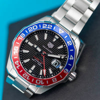 Tag Heuer Aquaracer GMT Caliber 7 Pepsi Black Dial Silver Steel Strap Watch for Men - WAY201F.BA0927