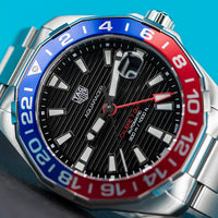 Tag Heuer Aquaracer GMT Caliber 7 Pepsi Black Dial Silver Steel Strap Watch for Men - WAY201F.BA0927