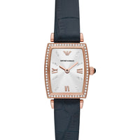 Emporio Armani Gianni T Bar Crystals Silver Dial Blue Leather Strap Watch For Women - AR11469