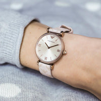 Emporio Armani Analog Grey Dial Pink Leather Strap Watch For Women - AR11126