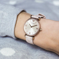 Emporio Armani Gianni T Bar Analog Silver Dial Beige Leather Strap Watch For Women - AR11127